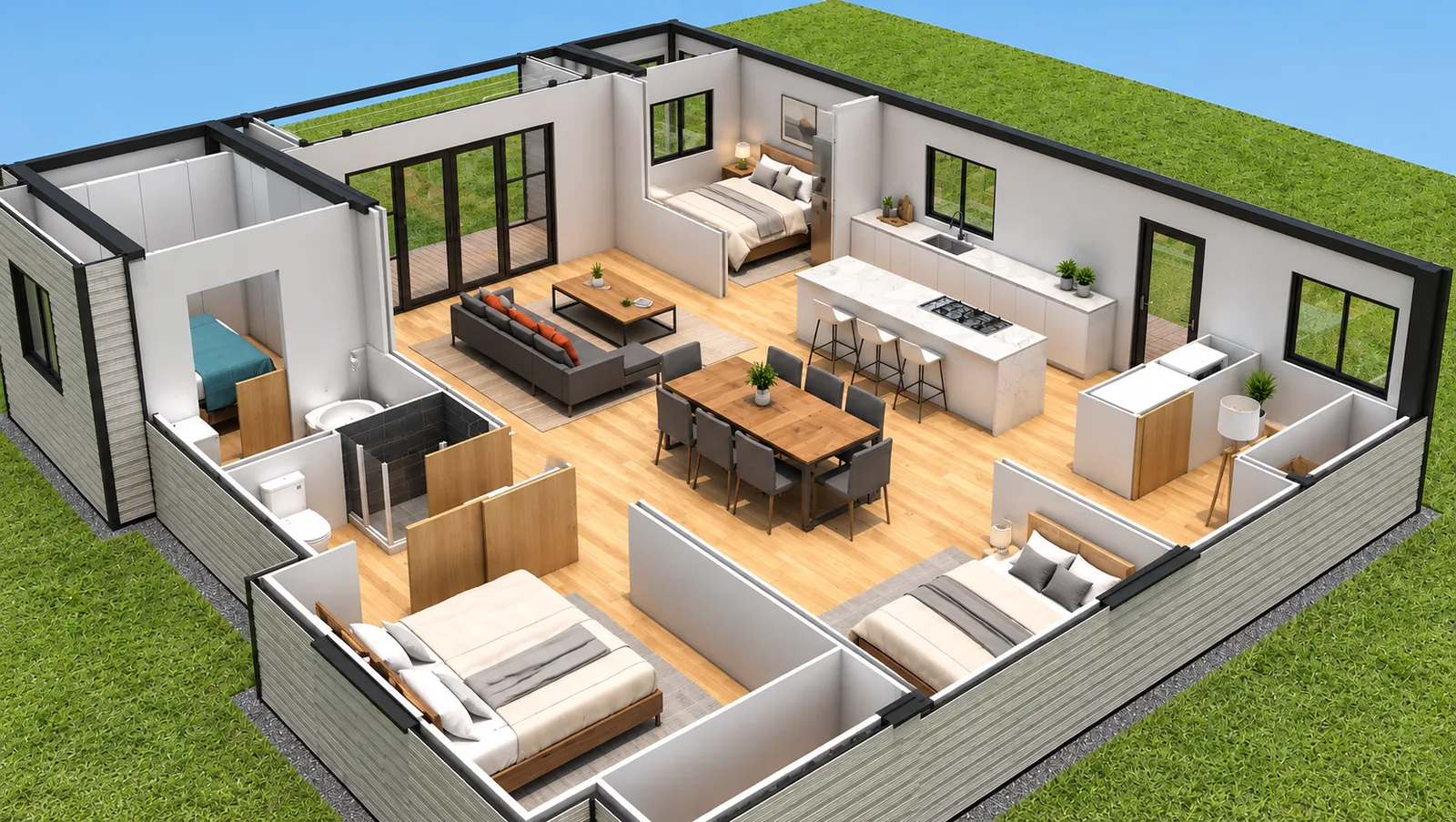 Cutaway layout view showing the three-bedroom, two-bathroom arrangement with open-plan living, dining and kitchen.